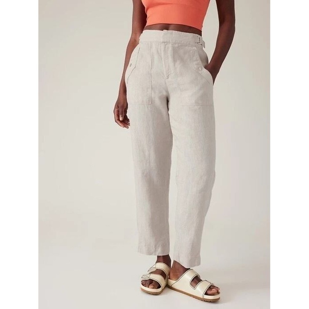 Athleta Voyager Linen Pant High Rise Straight Leg Adjustable Waist Beige Size‎ 2